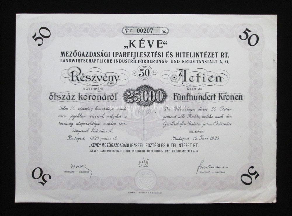 KÉVE Mezõgazdaság Iparfejlesztés Hitelintézet részvény 50x 1923